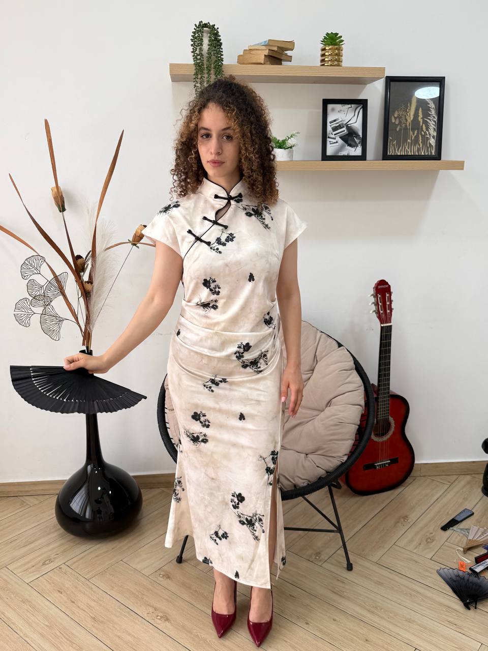White Black Flowers Qipao Dress