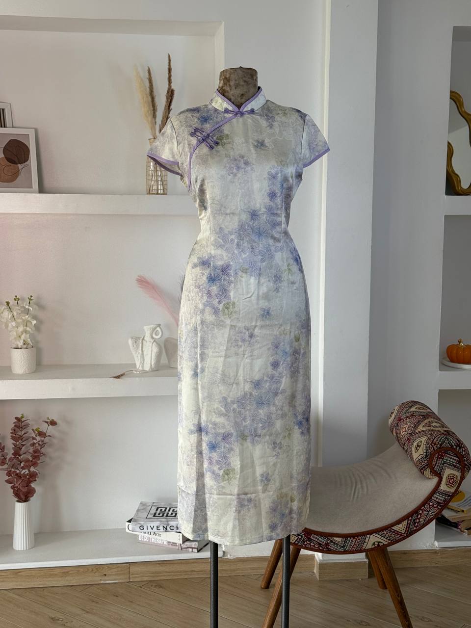 White Purple Flowers Qipao Dress