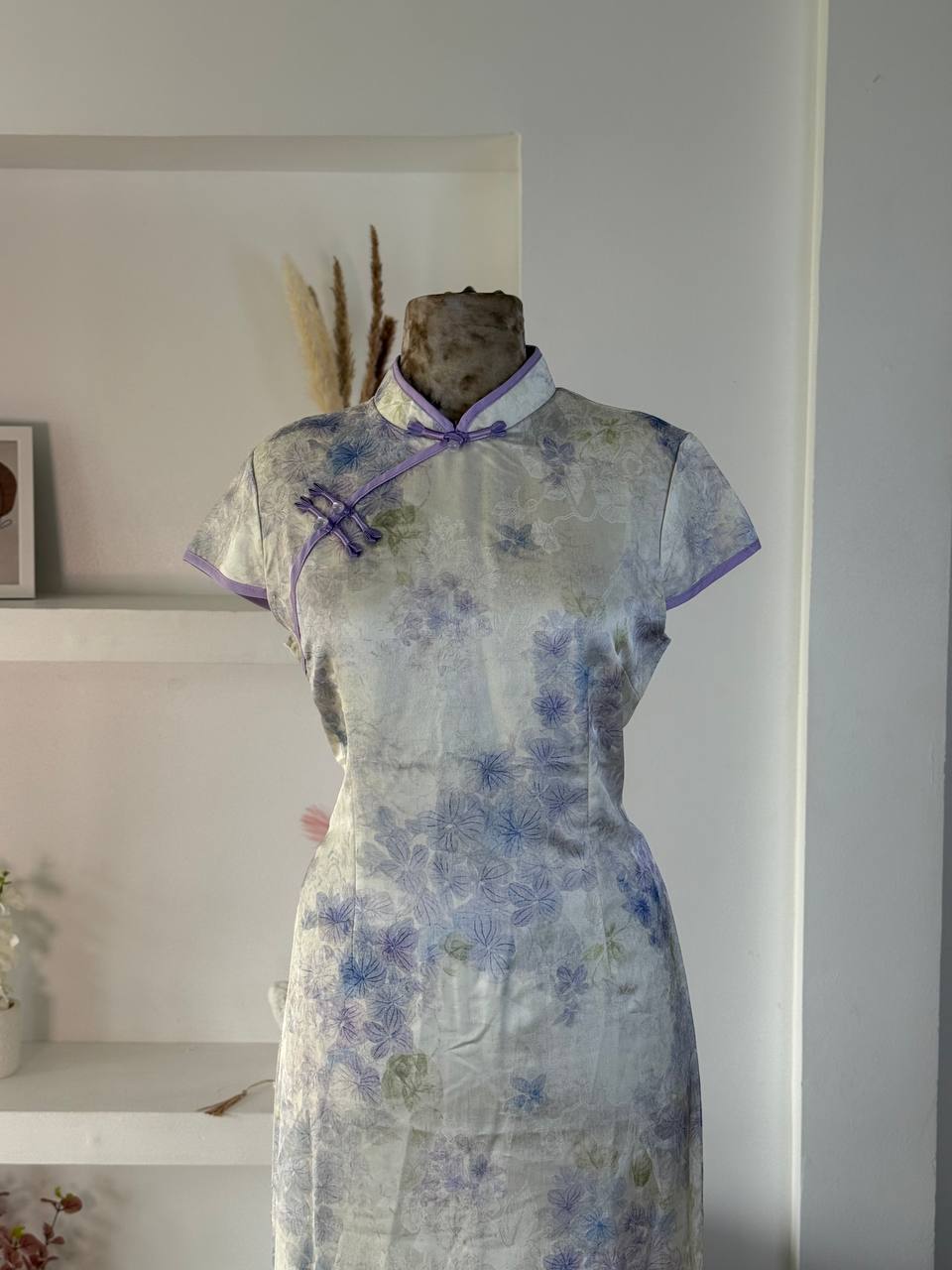 White Purple Flowers Qipao Dress