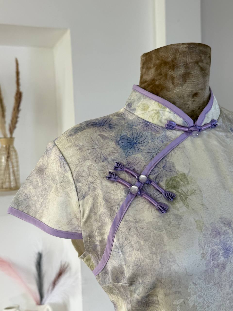 White Purple Flowers Qipao Dress