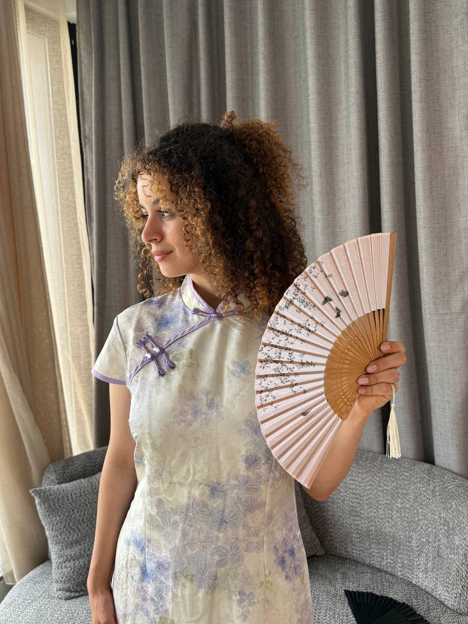 White Purple Flowers Qipao Dress