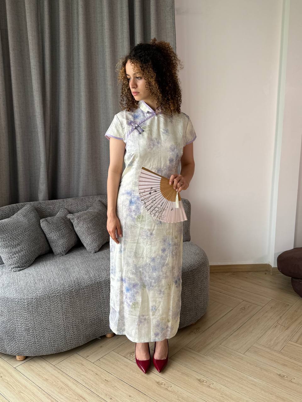 White Purple Flowers Qipao Dress