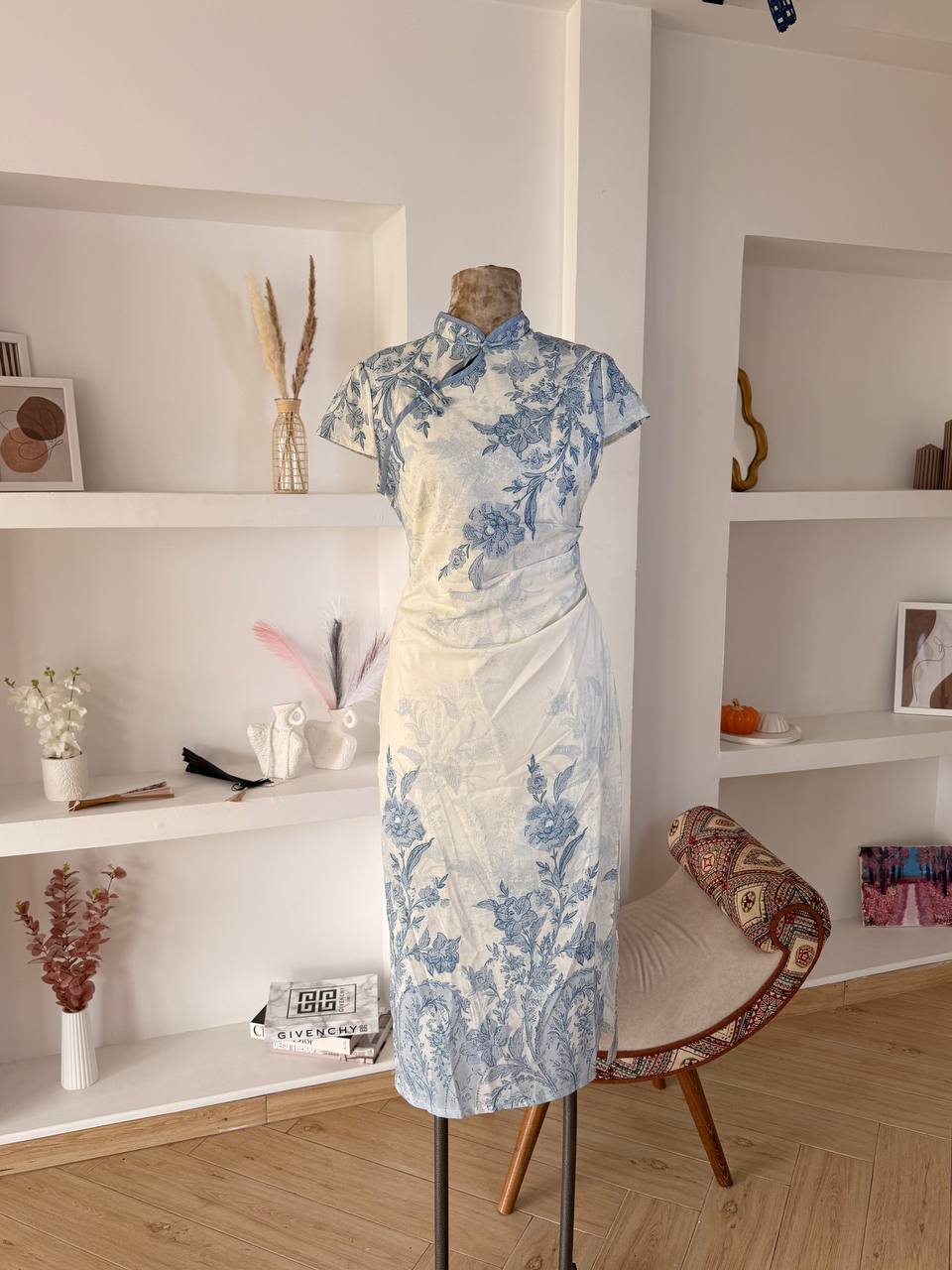 White Blue Flowers Qipao Dress