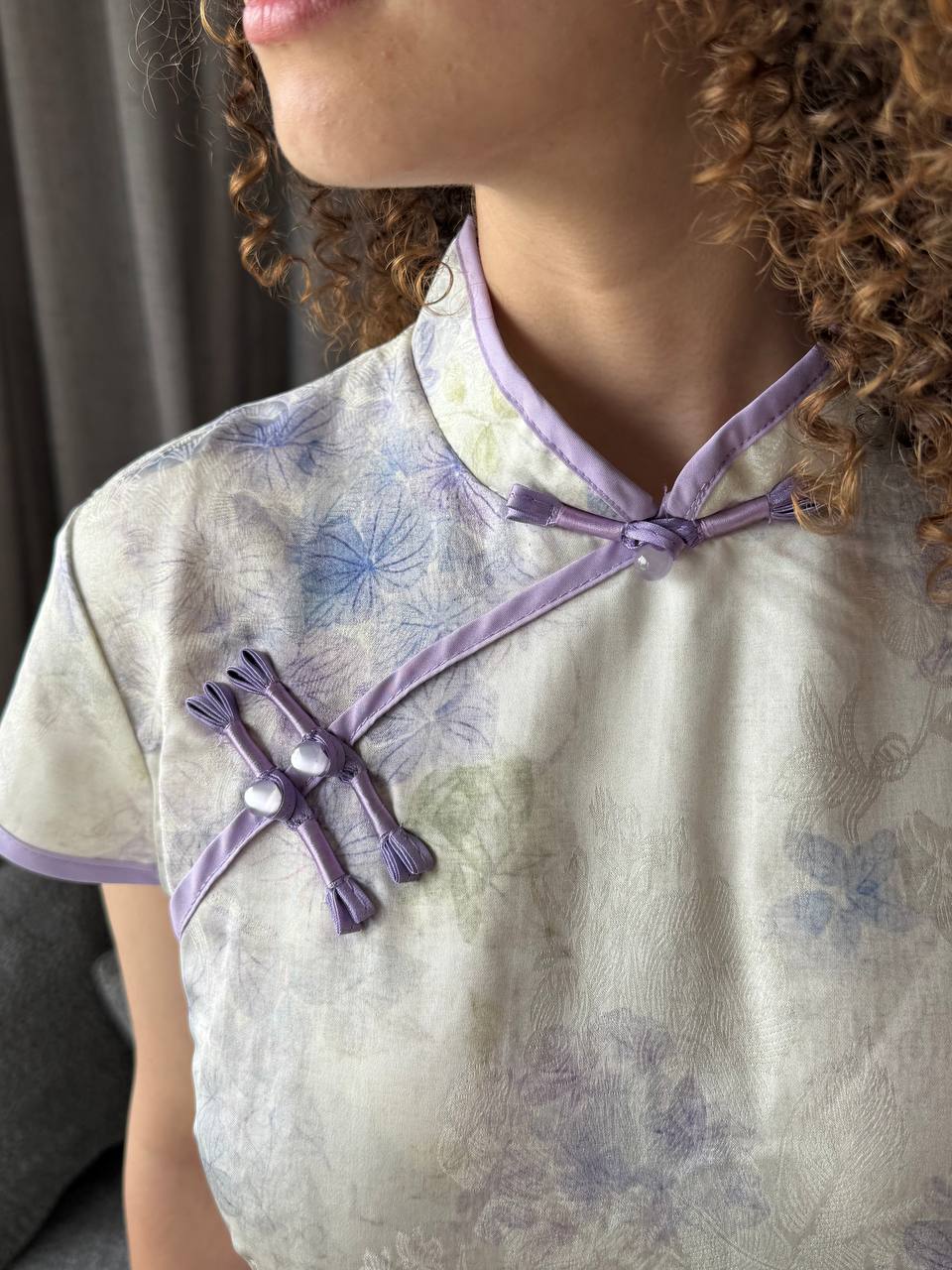 White Purple Flowers Qipao Dress