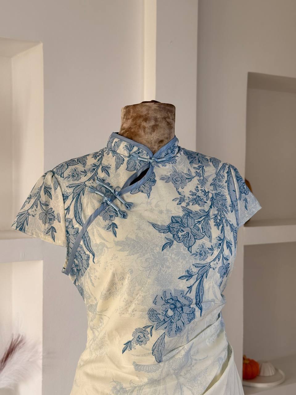 White Blue Flowers Qipao Dress
