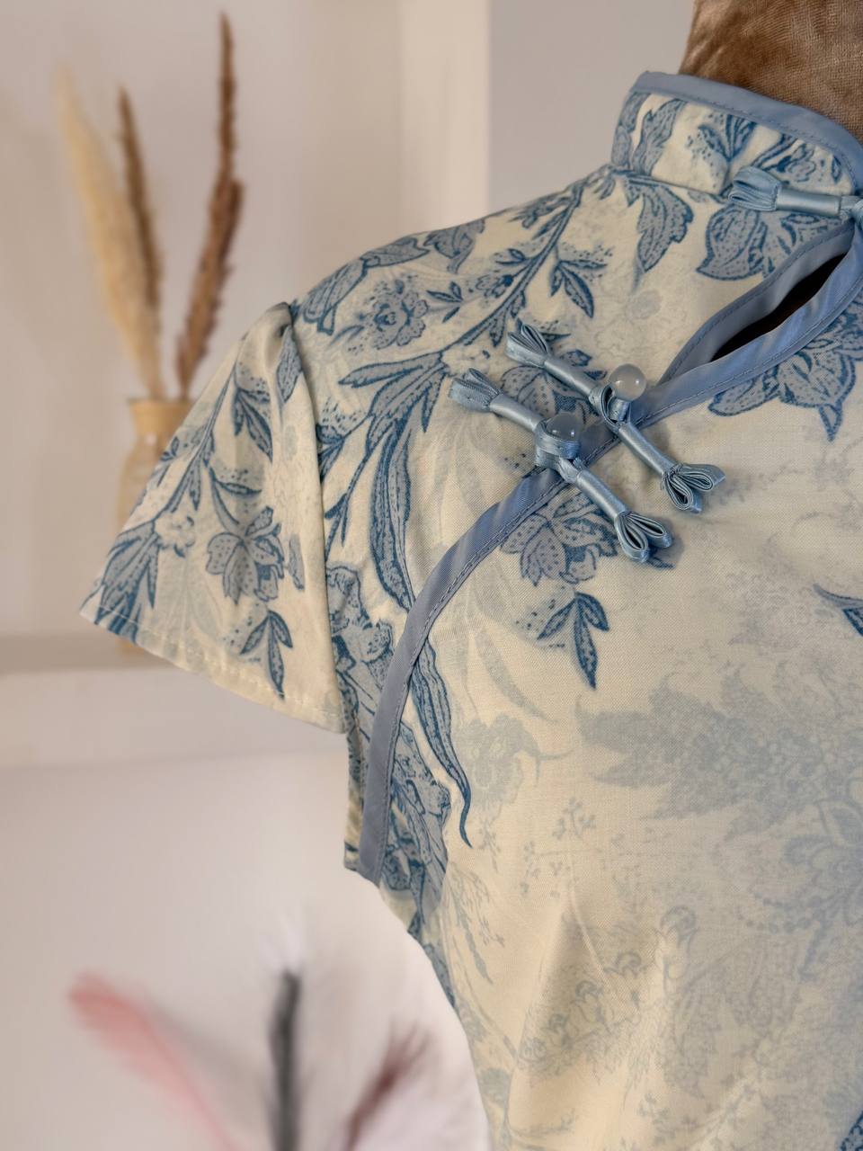White Blue Flowers Qipao Dress