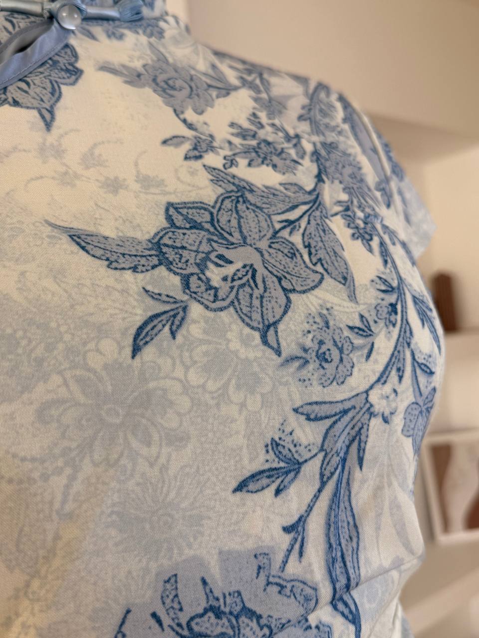 White Blue Flowers Qipao Dress