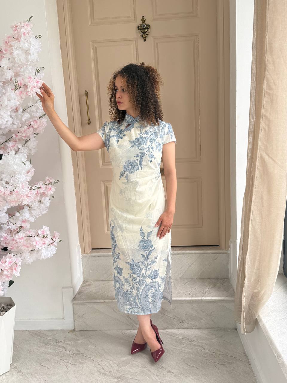 White Blue Flowers Qipao Dress