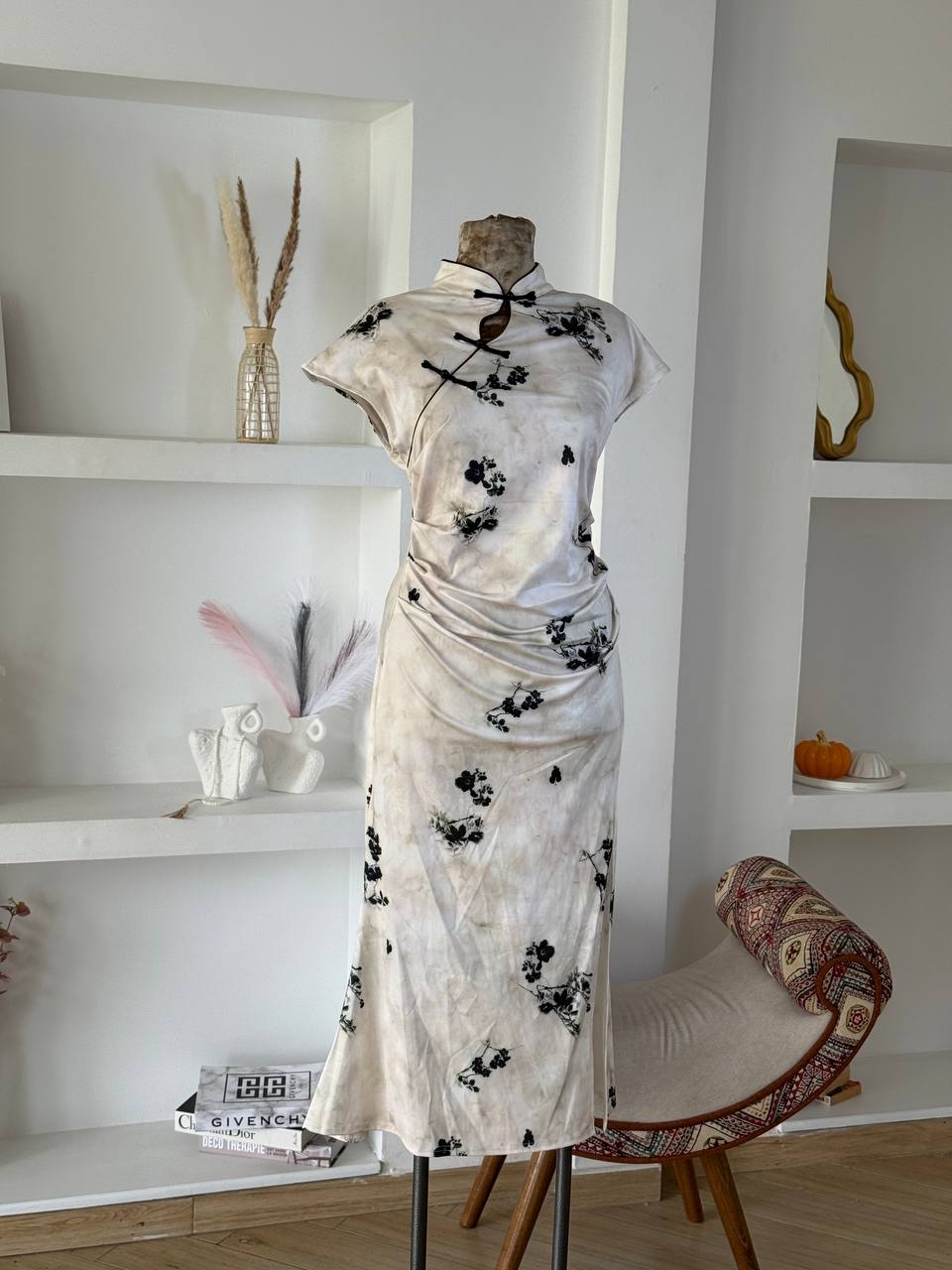 White Black Flowers Qipao Dress