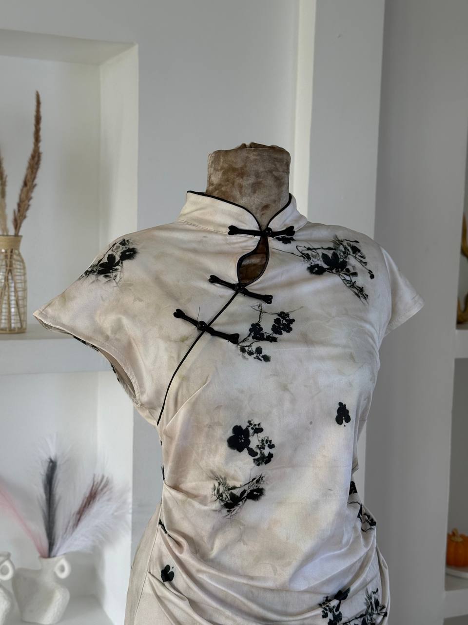 White Black Flowers Qipao Dress